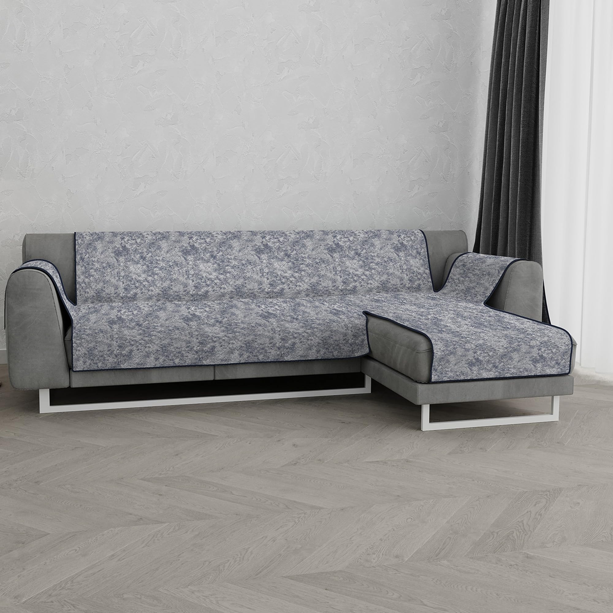 Italian Bed Linen “ Glamour” Anti-Slip Sofa Cover with Chaise-Longue Right, Dark Blue, 240cm