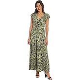 London Times Women's Flutter Sleeve V-Neck Empire Waist Maxi Dress-Full Length A-line Silhouette with Smocked Bodice Detail