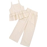 LIONJIE Girl's 2 Piece Striped Outfits Cami Top Wide Leg Pants Ruffle Hem Summer Clothes with 2 Pockets 3-14Y