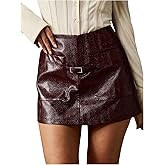 MakeMeChic Women's Faux Leather Mini Skirt High Waist Buckle Bodycon Skirts with Pocket
