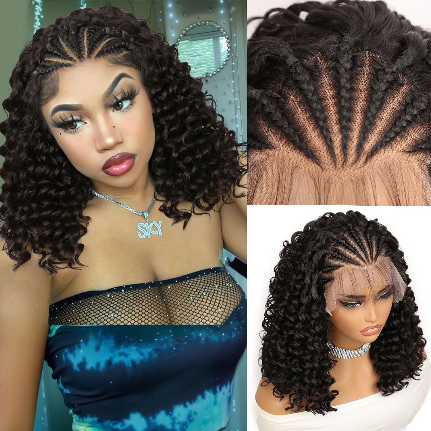 Photo 1 of Fancy Hair Braided Wig for Black Women Cornrow with Curly Hair Wig HD Lace Front Wig with Baby Hair Pre Plucked Glueless Transparent 13x4 Inch Lace Frontal Wig (2#)