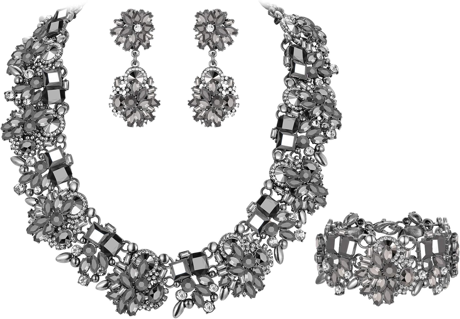 Women's Crystal Vintage Floral Chunky Choker Necklace Earrings Bracelet Set Black Black-Tone