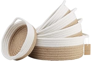 NaturalCozy 5-Piece Round Small Woven Baskets Set– Cotton Rope Baskets for Organizing! Montessori Toys, Fruits Remotes Key Tray Bowl for Entryway Desk, Shallow Catchall Home Décor, Cat Dog Bin Gift