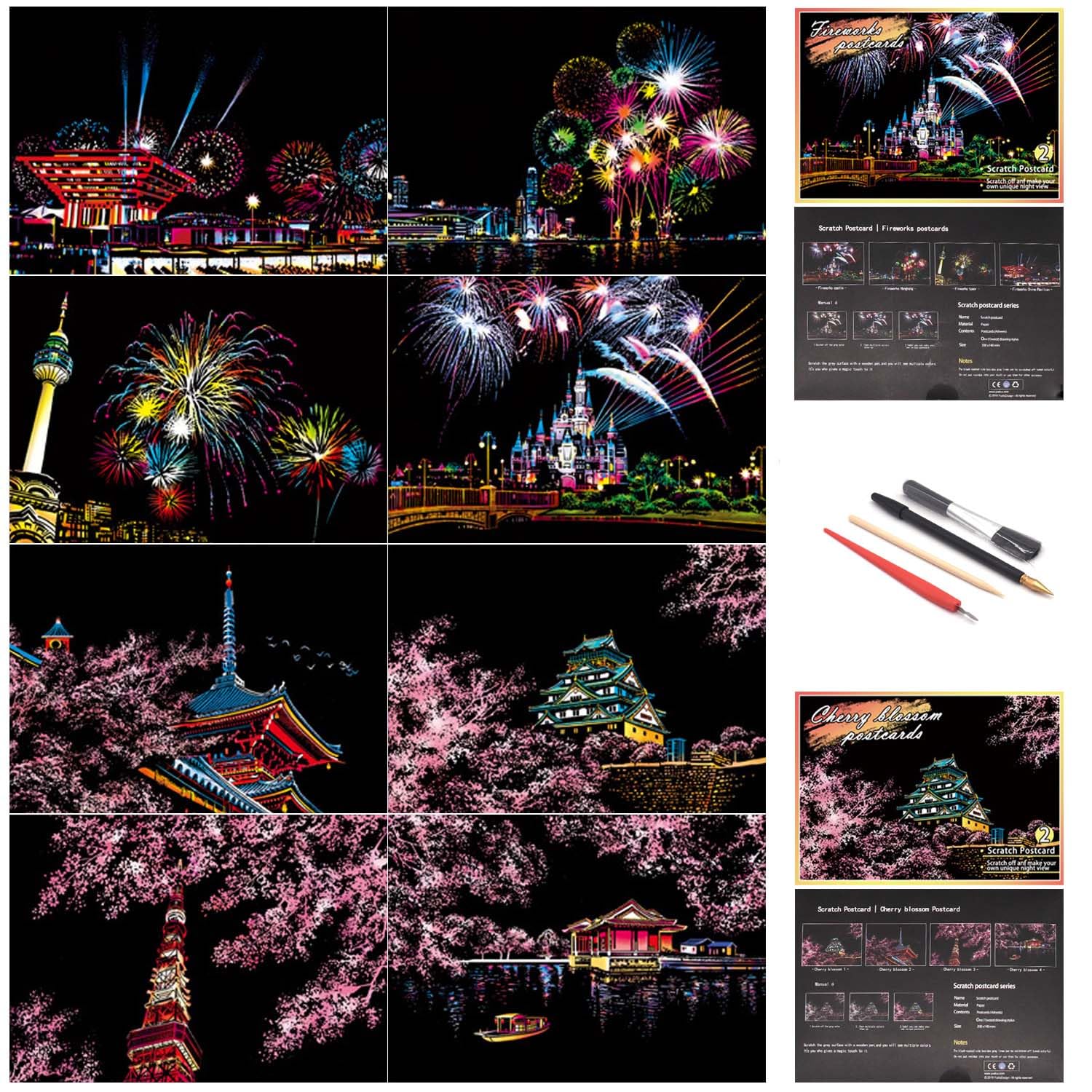 DESINIK Scratch Painting Art for Adults -Scratch Painting Foil Art for Adults, Scratchboard Set(A5) with 4 Tools & 8 Sheets,City Series Creative Set(Sakura)