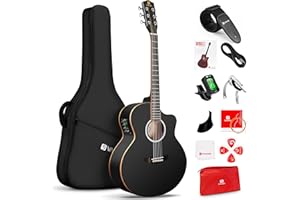 Vangoa 3/4 Acoustic Electric Guitar Kit for Beginners, 36 Inch Acoustic Cutaway Guitar Junior Size Travel Acustica Guitarra Bundle for Adults, Teens, Upgraded Starter Kit, Black Matte