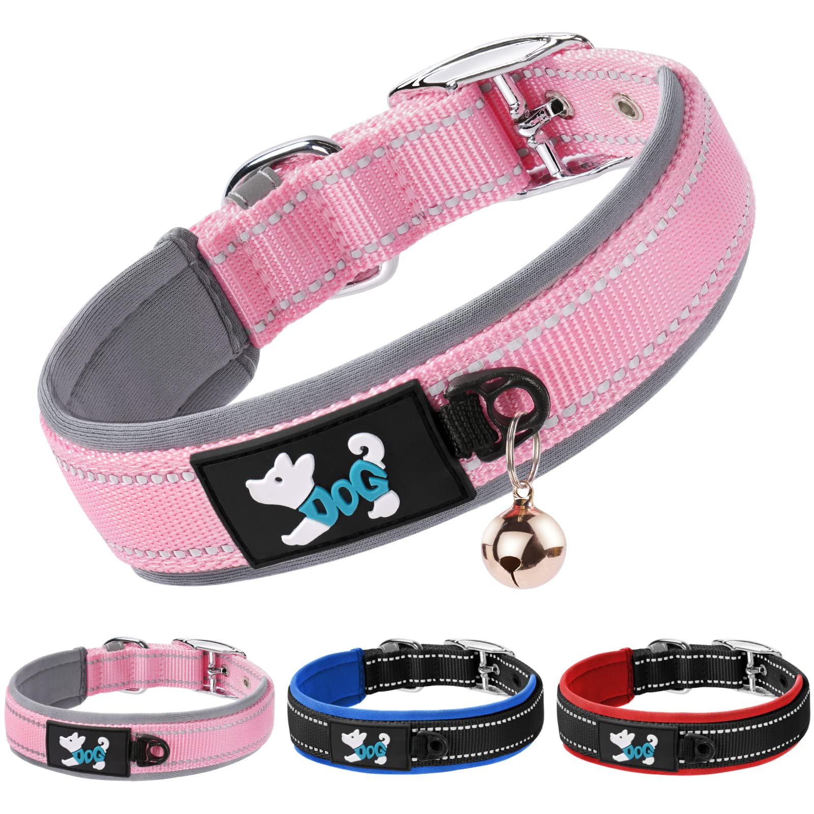 AUAUY Nylon Dog Collar, Pet Dog Reflective Collar, Ultra Soft Neoprene Padded, Adjustable Reflective Stitching Pet Collar with Durable Metal Buckle D-ring and Label Ring for All Breeds(Pink-S) — image 1