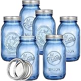 Tebery 6 Pack Vintage Blue Home Mason Jars with Airtight lids & Bands, 32Oz Regular Mouth Quart Glass Canning Jar for Ferment