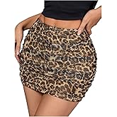 WDIRARA Women's Sexy Leopard Print Ruched Mini Skirt Mesh Bodycon High Waisted Skirts