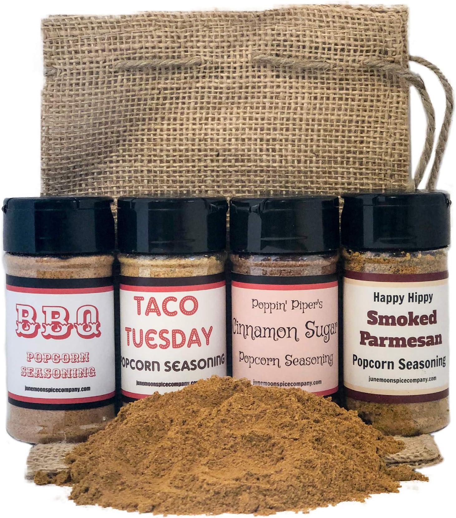 Premium POPCORN SEASONING | Variety 4 Pack | BBQ Popcorn Seasoning | Taco Popcorn Seasoning | Cinnamon Sugar Popcorn Seasoning | Smoked Parmesan Popcorn Seasoning | Burlap Gift Bag Included | Crafted in Small Batches