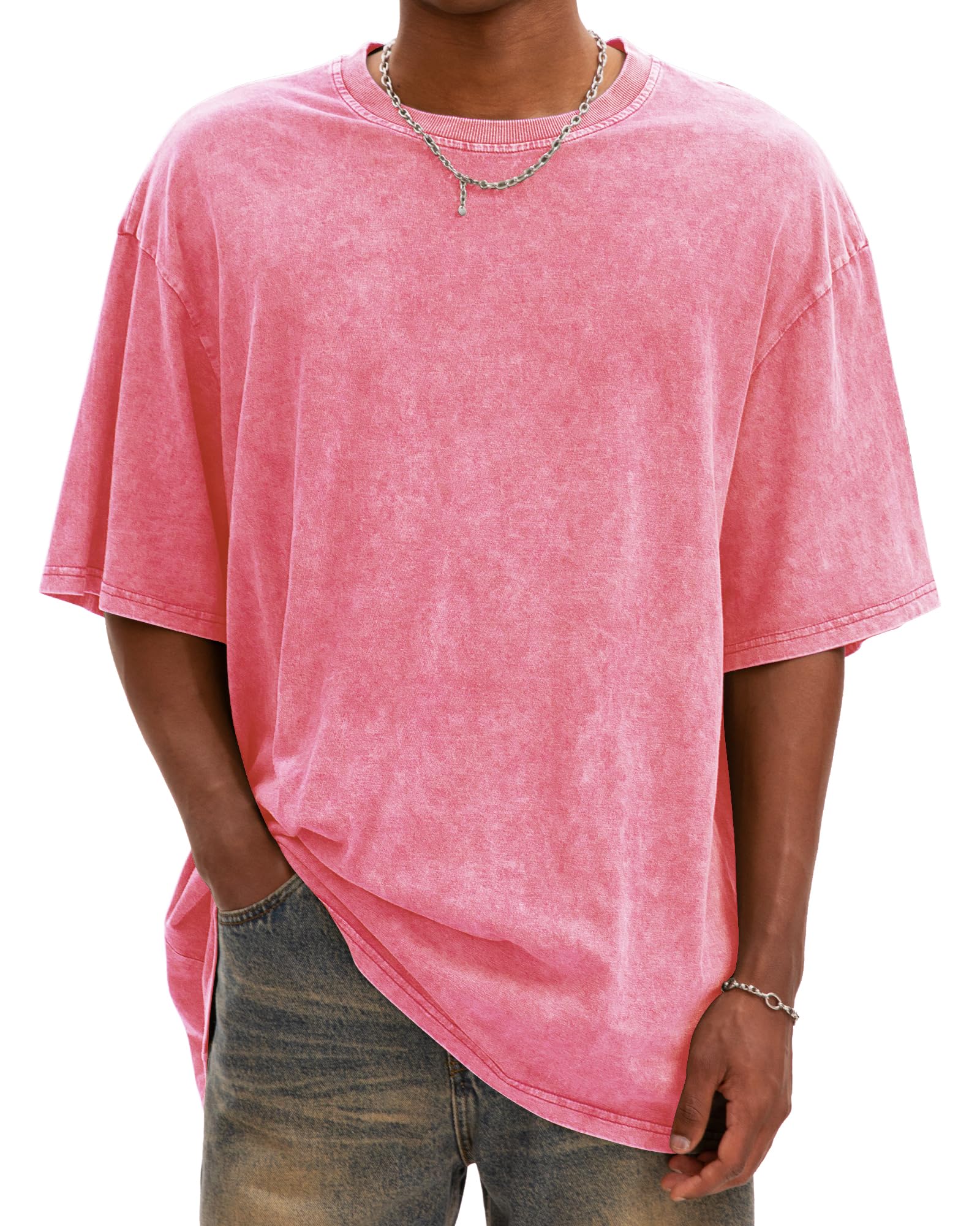 Photo 1 of AugYew Oversized Acid Washed Tee T-Shirt Cotton Baggy Distressed Retro Relaxed Fit T Shirt Clothes Tops for Men Women,Rose,XXXL