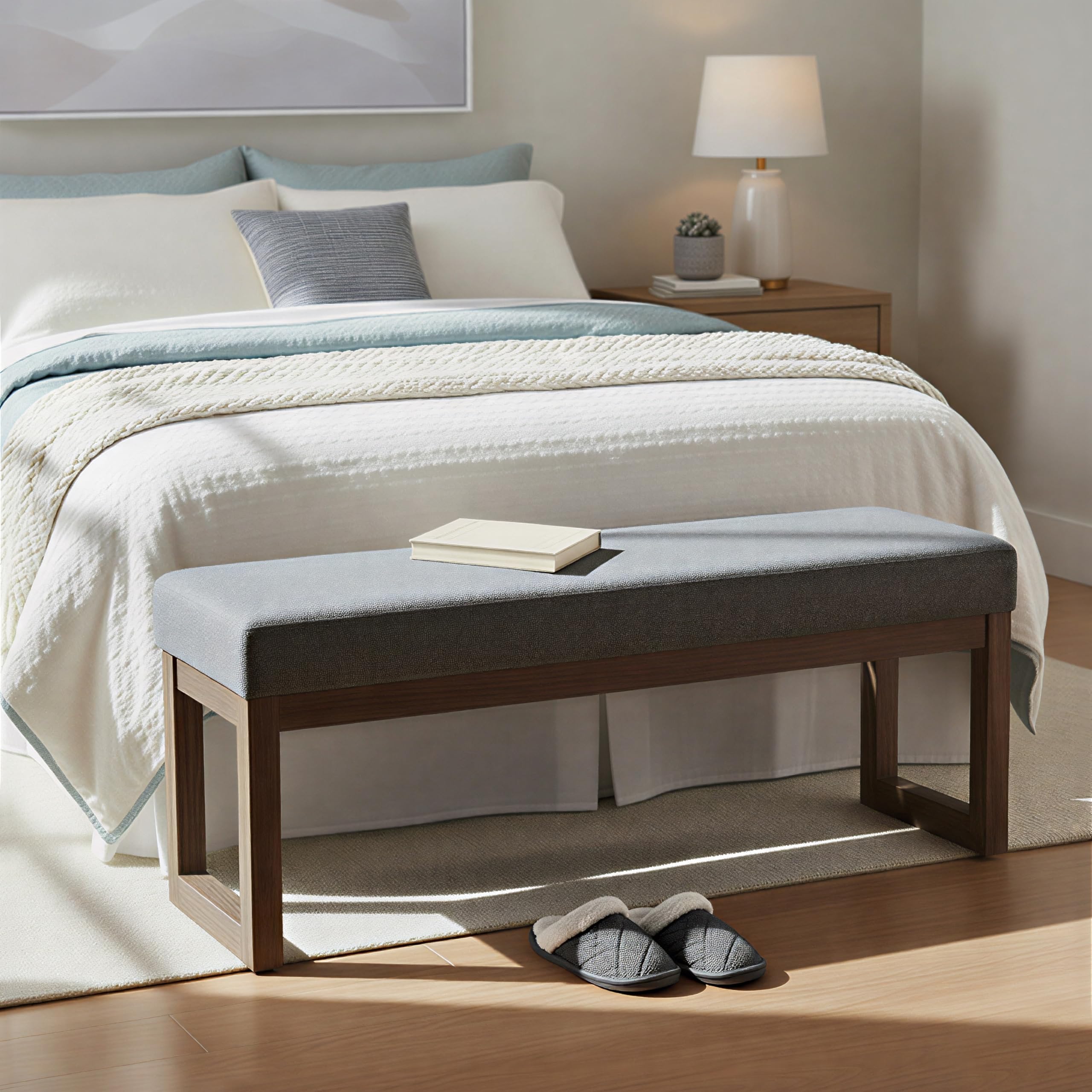 SIMPLIHOME Milltown Large Ottoman Bench - 44 inch Wide Upholstered Solid Wood Rectangular Ottoman Bench in Parisian Grey, Contemporary Entryway or Bedroom Bench with Cushioned Seat and Narrow Profile Image