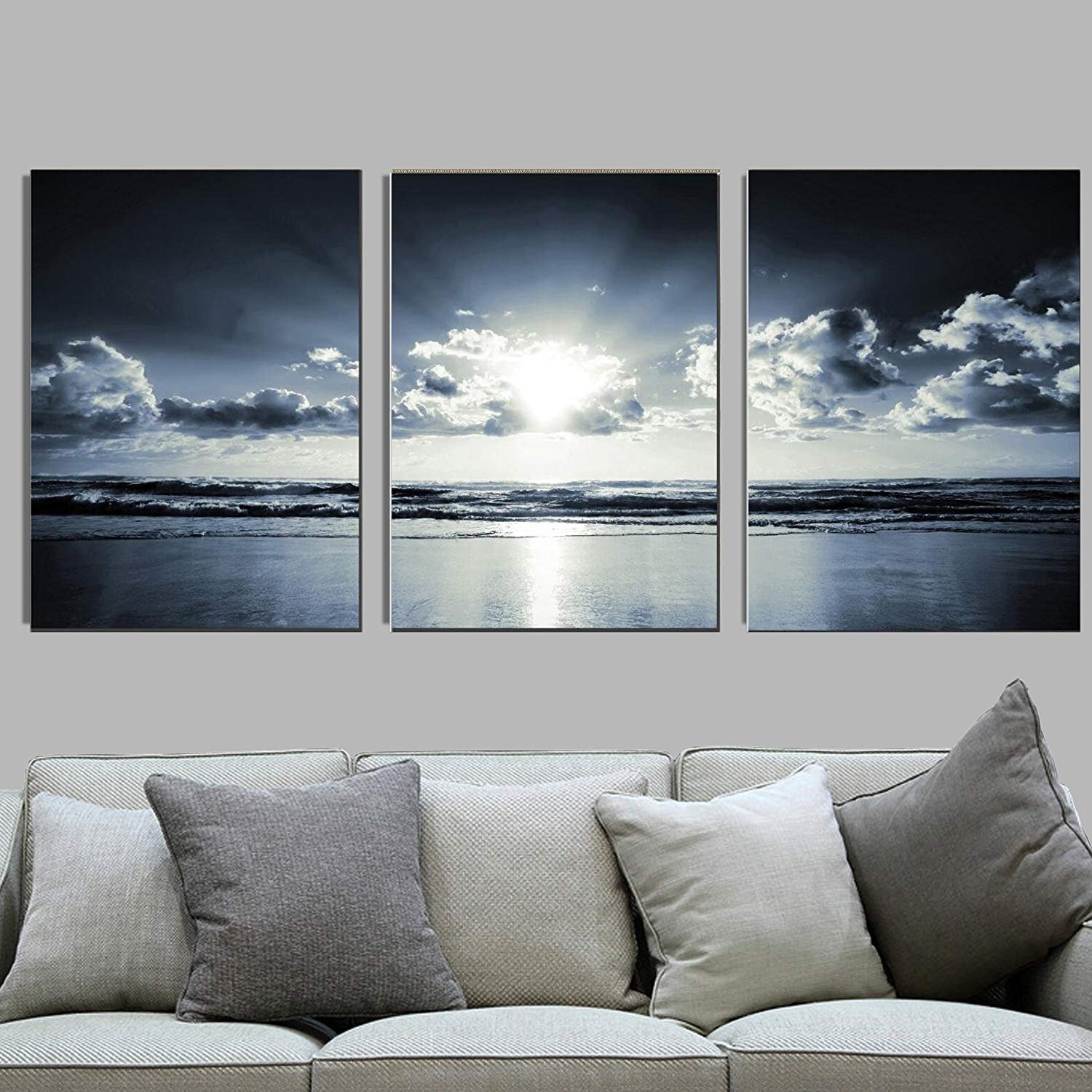 Canvas Wall Art Black White Dark Blue Sea Sunset 12\