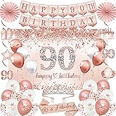 Trgowaul 90th Birthday Decorations for Women, 30pcs Rose Gold Happy Birthday Party Supplies, 90th Crown and Sash, Banner, Hanging Swirl Flag, Balloons, 90 Year Old Party Decoration Set
