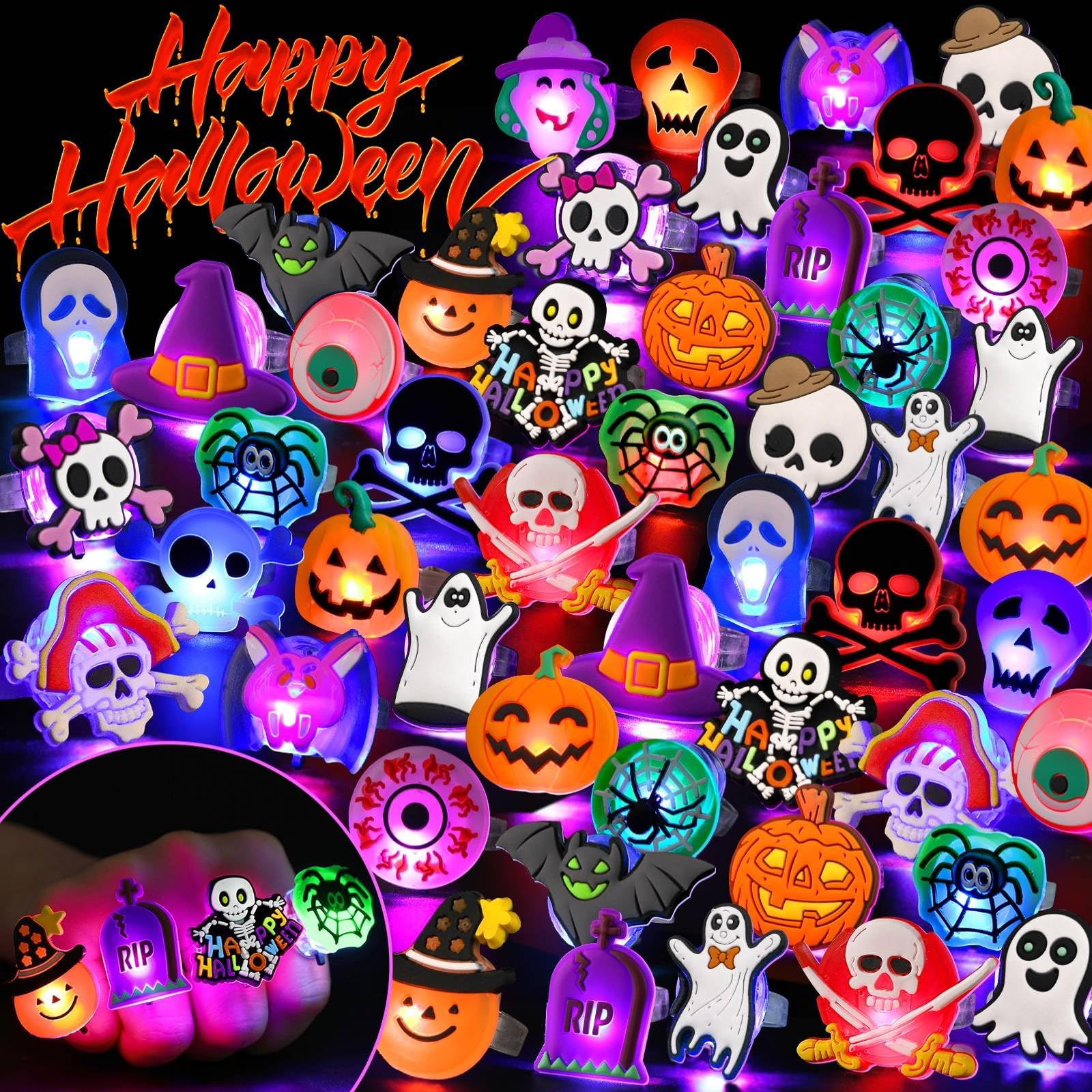 Photo 1 of Coluans Halloween Party Favors for Kids Adults Halloween Treats 50Pcs LED Ring Accessories Light Up Rings Accessories Flash Rings Non Candy Gift Bag Fillers NEW VERSION