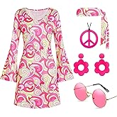 Deerjoke 60s 70s Disco Outfit Hippie Costume Women, 1970 Style Clothes Dress Peace Sign Accessories Jewelry Halloween