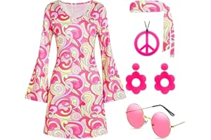 Deerjoke 60s 70s Disco Outfit Hippie Costume Women, 1970 Style Clothes Dress Peace Sign Accessories Jewelry Halloween