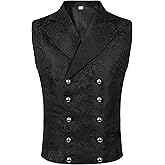Faltern Men Victorian Suit Vest Black Steampunk Vest Waistcoat Double Breasted Jacquard Gothic Renaissance Vest for Men