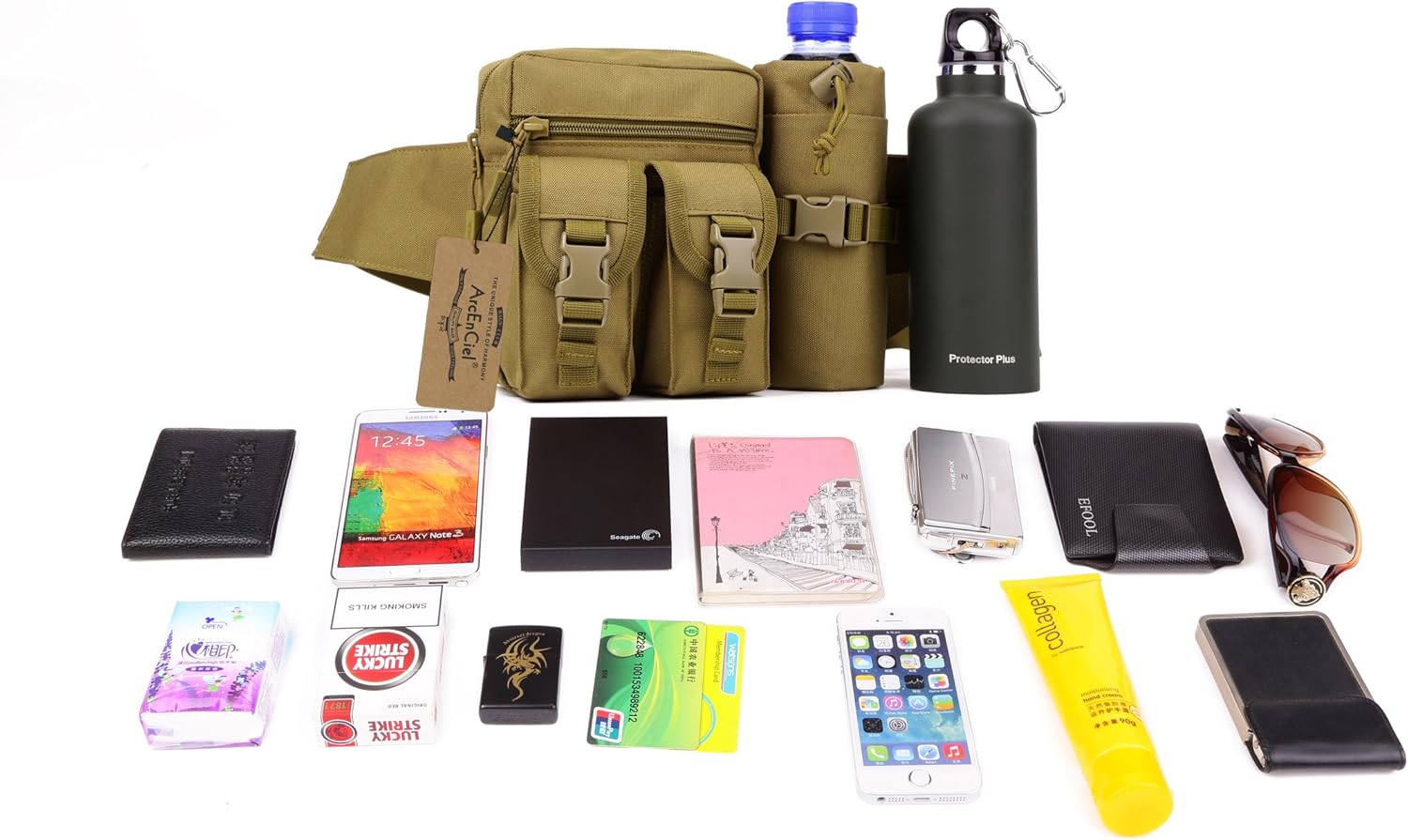 ArcEnCiel Tactical Waist Bag Waterproof Bum Bag Military Waist Utility Belt Water Bottle Pouch Pack for Trekking Hiking Walking Bike Cycling Climbing (Black) : Sports & Outdoors