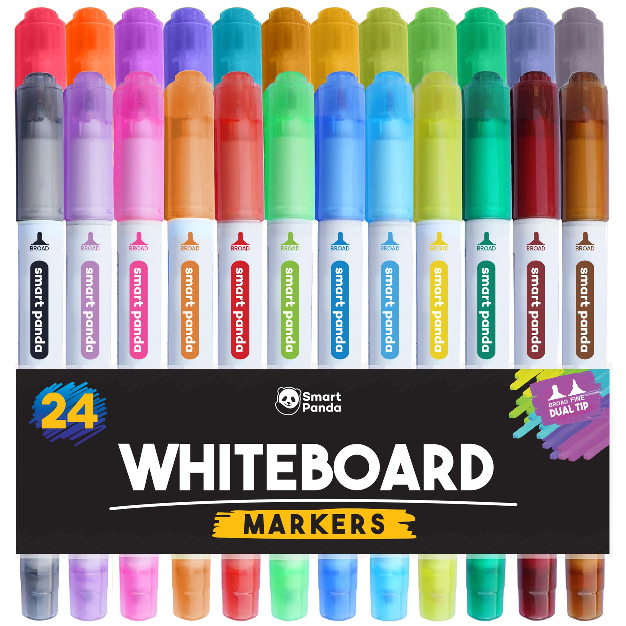 Smart Panda 24 Whiteboard Pens Dual Tip, Thin Erasable Markers, Medium and Fine – Dry Erase Colour Markers for Kids - 24 Set