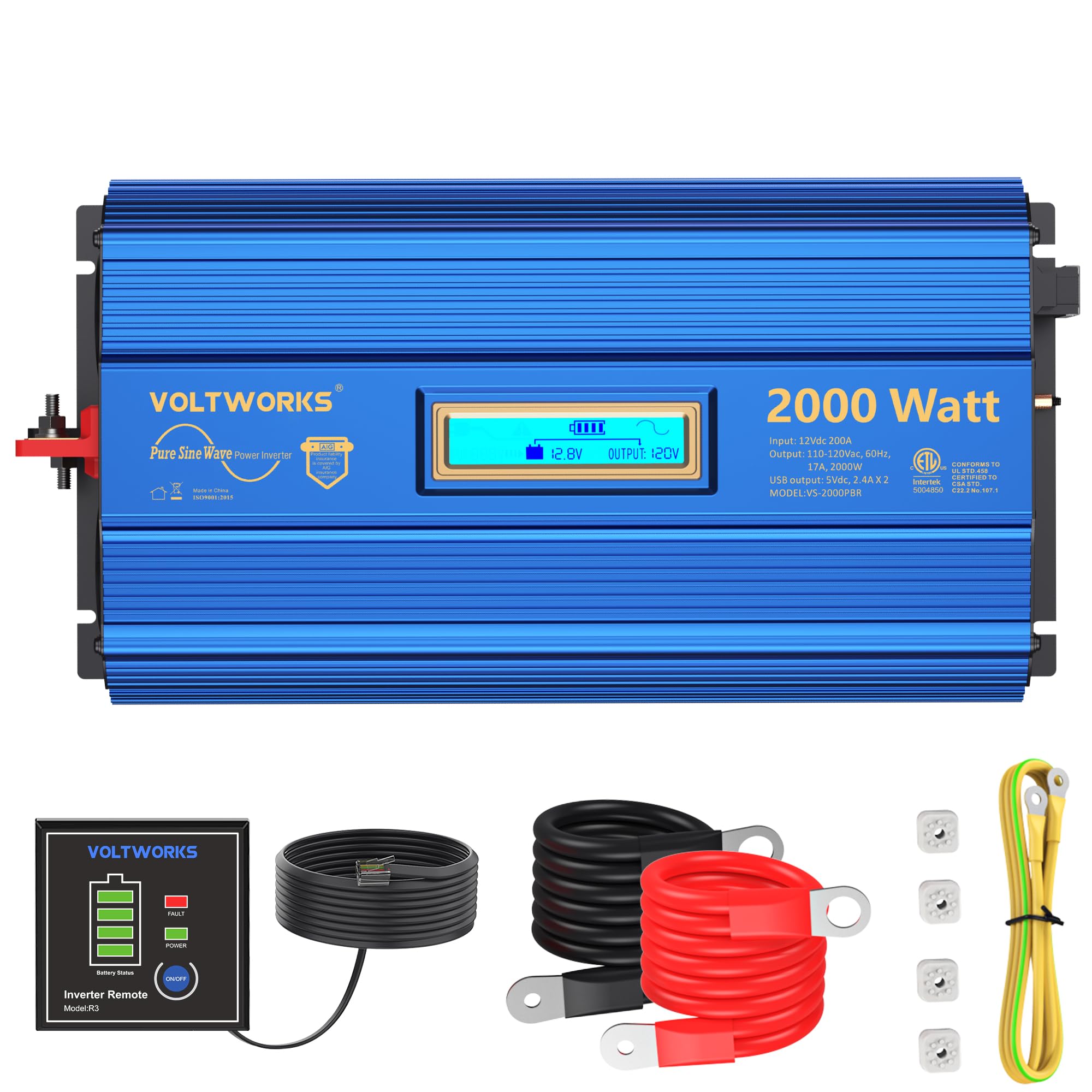 2000Watt Pure Sine Wave Power Inverter 12V DC to 110V 120V AC ETL UL458 Compatible with Lithium Battery Starlink for Off-Grid Solar RV Home Truck with 2.4A USB Ports & 1AC Terminal Block by VOLTWORKS Image