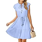 Simplee Womens Summer Dress 2026 Ruffle Short Sleeve Floral Boho Dress V Neck A-line Drawstring Mini Dress with Pockets