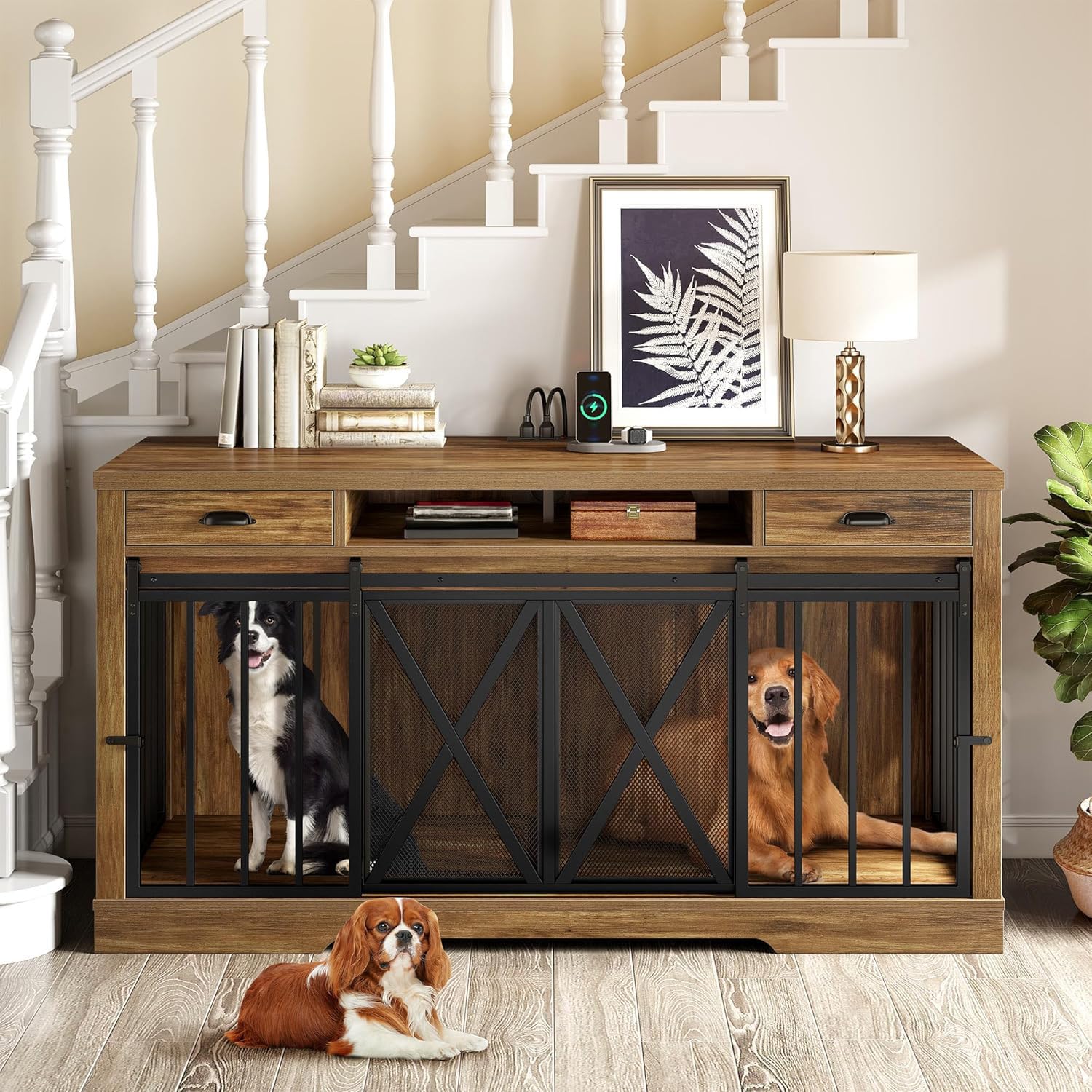 Photo 1 of ***BOX 2 OF 2 ONLY***YITAHOME 63 Inch Double Dog Crate TV Stand with Charging Station, Heavy Duty Wooden Cage Furniture for 2 Dogs, Dog Kennel Indoor Furniture Double Sliding Barn Door Design Ideal for 2 Dogs, Oak
