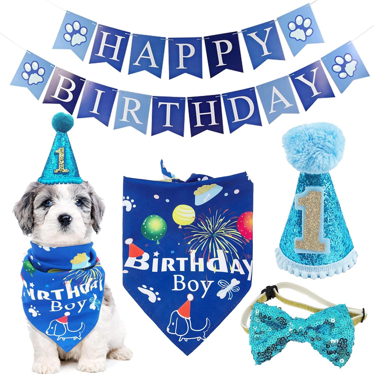 BIPY Dog 1st Birthday Hat Bandana Banner Set for Boys Small Medium Pets Blue Headdress Costumes Grooming Supplies for Party Celebration Decoration