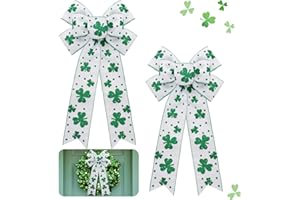 MEWTOGO 2 Pcs Large St. Patrick's Day Wreath Bow - Glitter Clovers Shamrock Hanging Bows for Front Door, Decorative Irish Holiday Crafts Bows for Outdoor Tree Topper Home Wall Window, 7.9x15.7 in