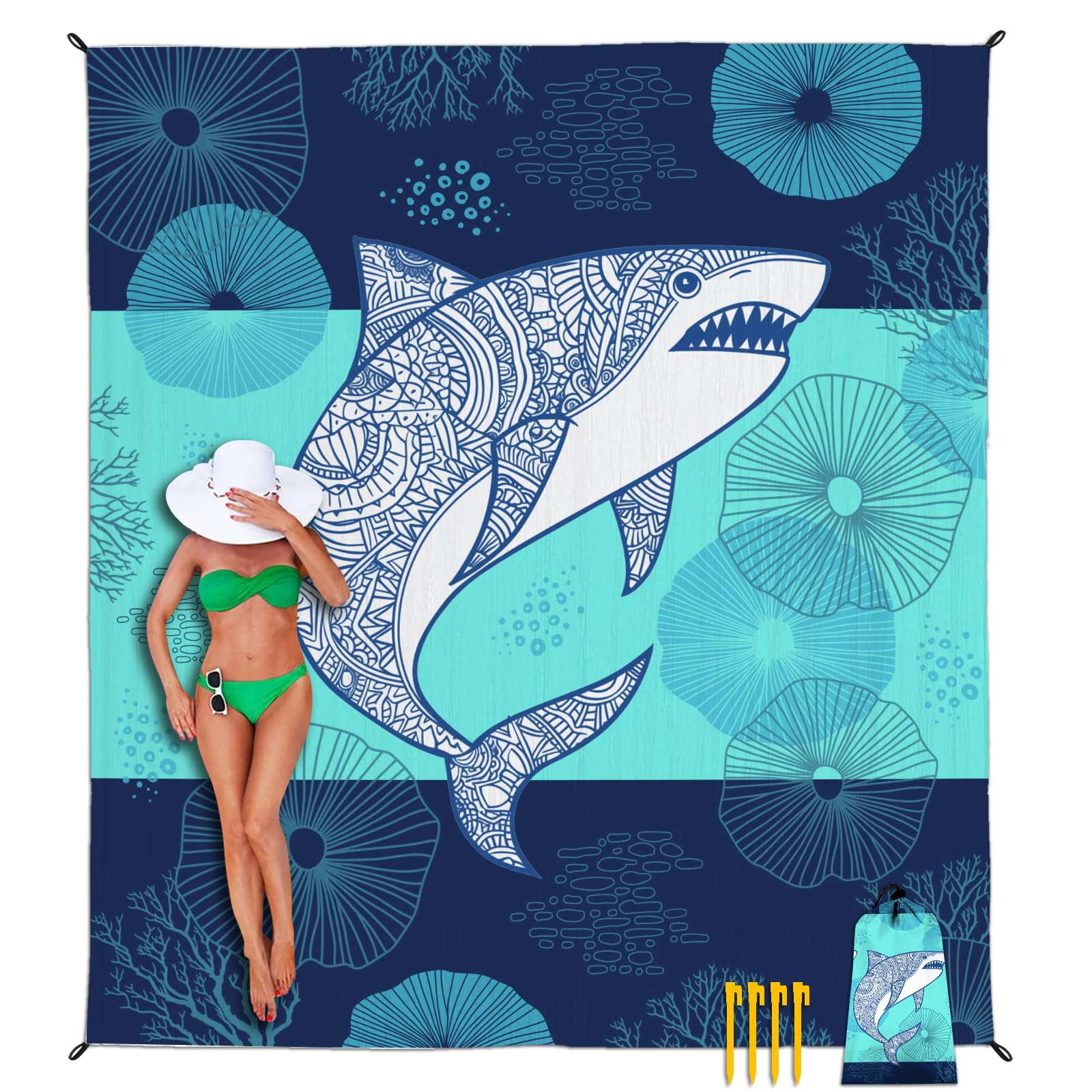 Photo 1 of GIITSRIZ Beach Blanket Waterproof Sandproof, Shark Oversized Extra Large Picnic Mat 83"×95"/8 × 7 FT for 1-7 Adults for Travel Camping Hiking, Quick Drying Lightweight Beach Vacation Essentials