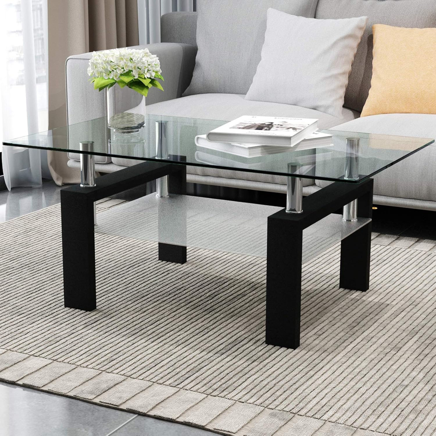 Rectangle Black Glass Coffee Table, Clear Glass Coffee Table, Modern