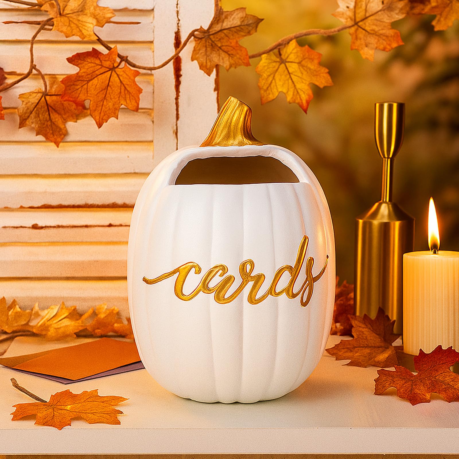 Photo 1 of Leinuosen 6 x 8 Inches Fall Pumpkin Wedding Decoration White Pumpkin Elegant Wedding Card Box Gold Resin Gift Card Box Holder for Fall Thanksgiving Party Reception Birthday Baby Shower Decoration