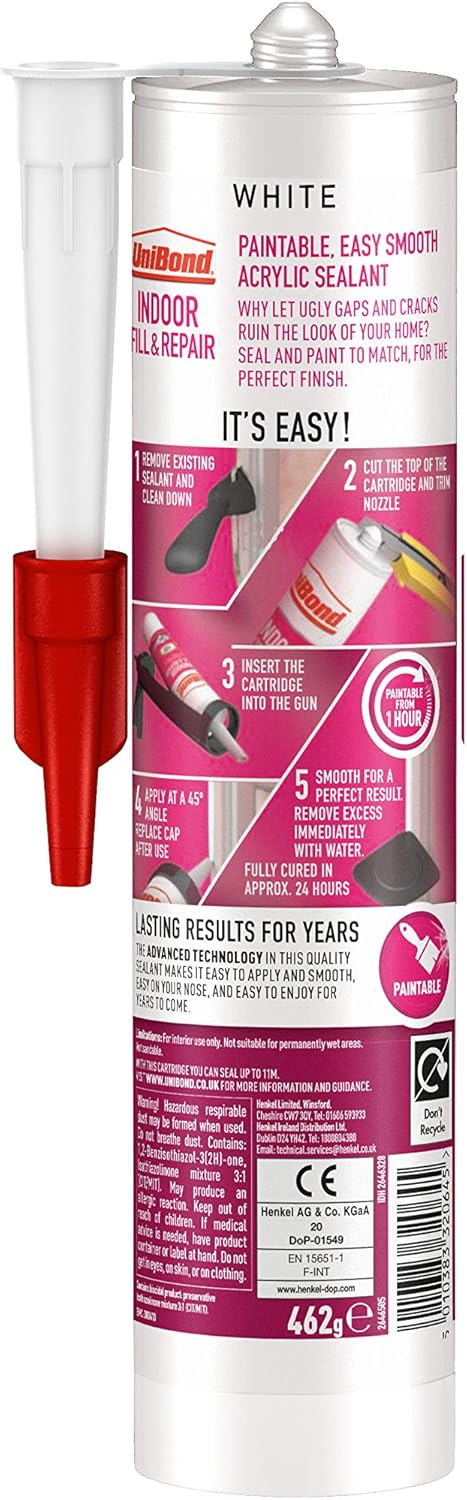 UniBond Fill & Repair Sealant for Indoor Use White Acrylic Sealant, Easy to Apply, Ideal for Cracks Gaps, Wood - Image 4