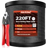 Black Stainless Steel Cable for Railing 220FT, 1/8" T316 Wire Rope BW22 | 7&times;7 Strand Marine Grade Corrosion-Resistant Cable for Deck Cable Railing Hardware Kits, Cutter Included