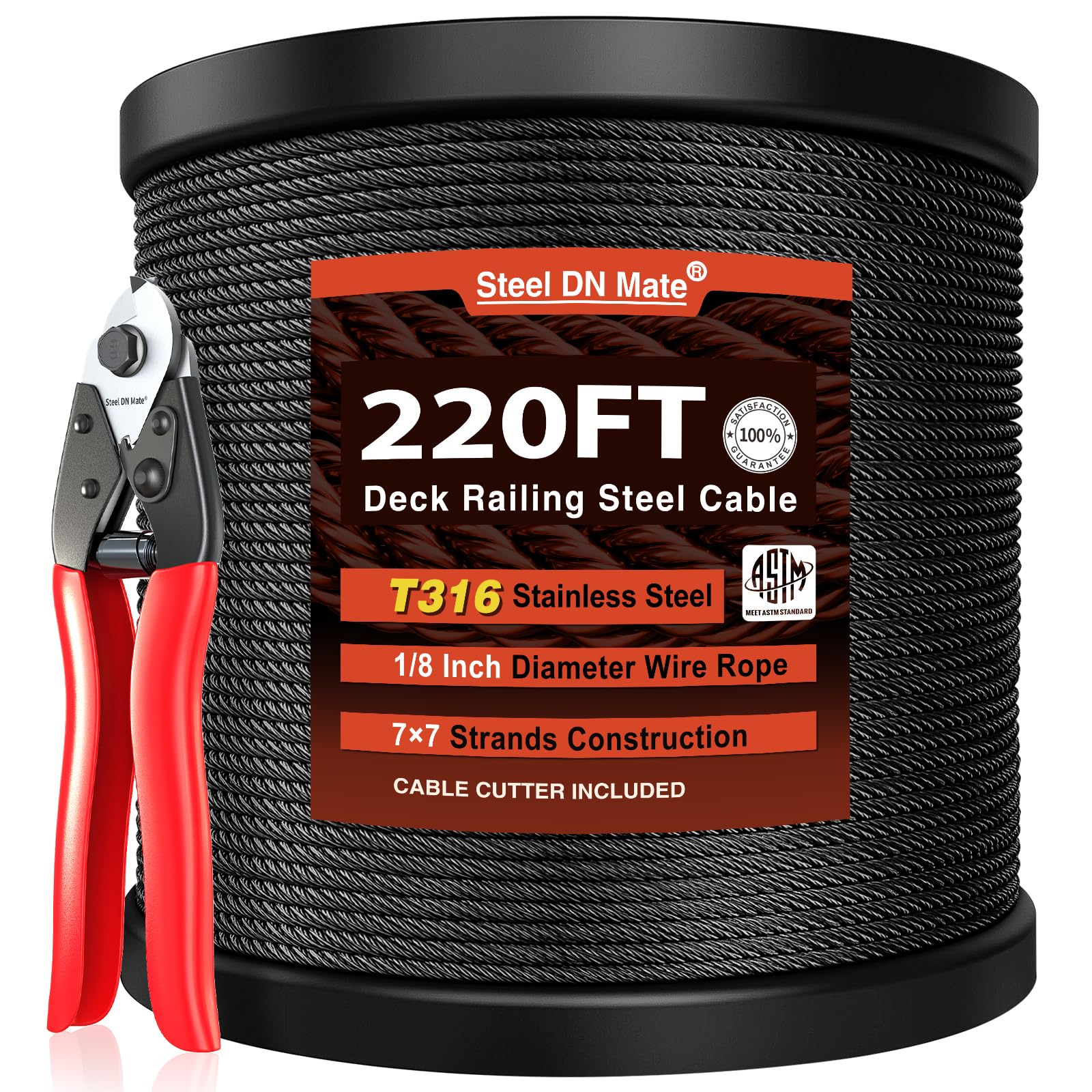 Photo 1 of Steel DN Mate 220ft Black Wire Rope 1/8" T316L Marine Grade Stainless Steel Cable 7 × 7 Strands for Stair Fence Deck Cable Railing System, Comes with Wire Cutter