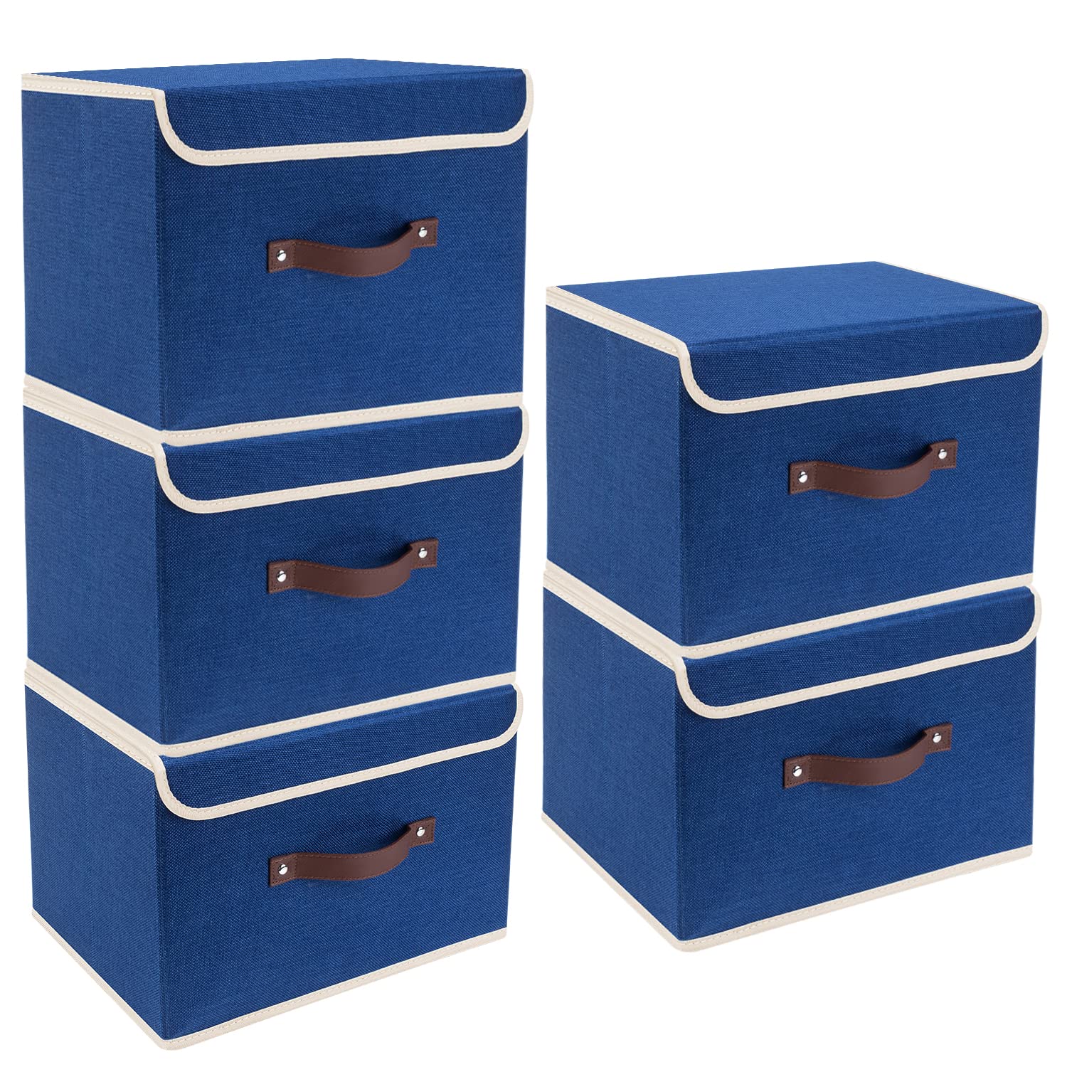 TYEERS Collapsible Storage Box with Lid, Fabric Storage Box for Clothes, Wardrobe Storage, 38x25x25 cm, Set of 5, Classic Blue