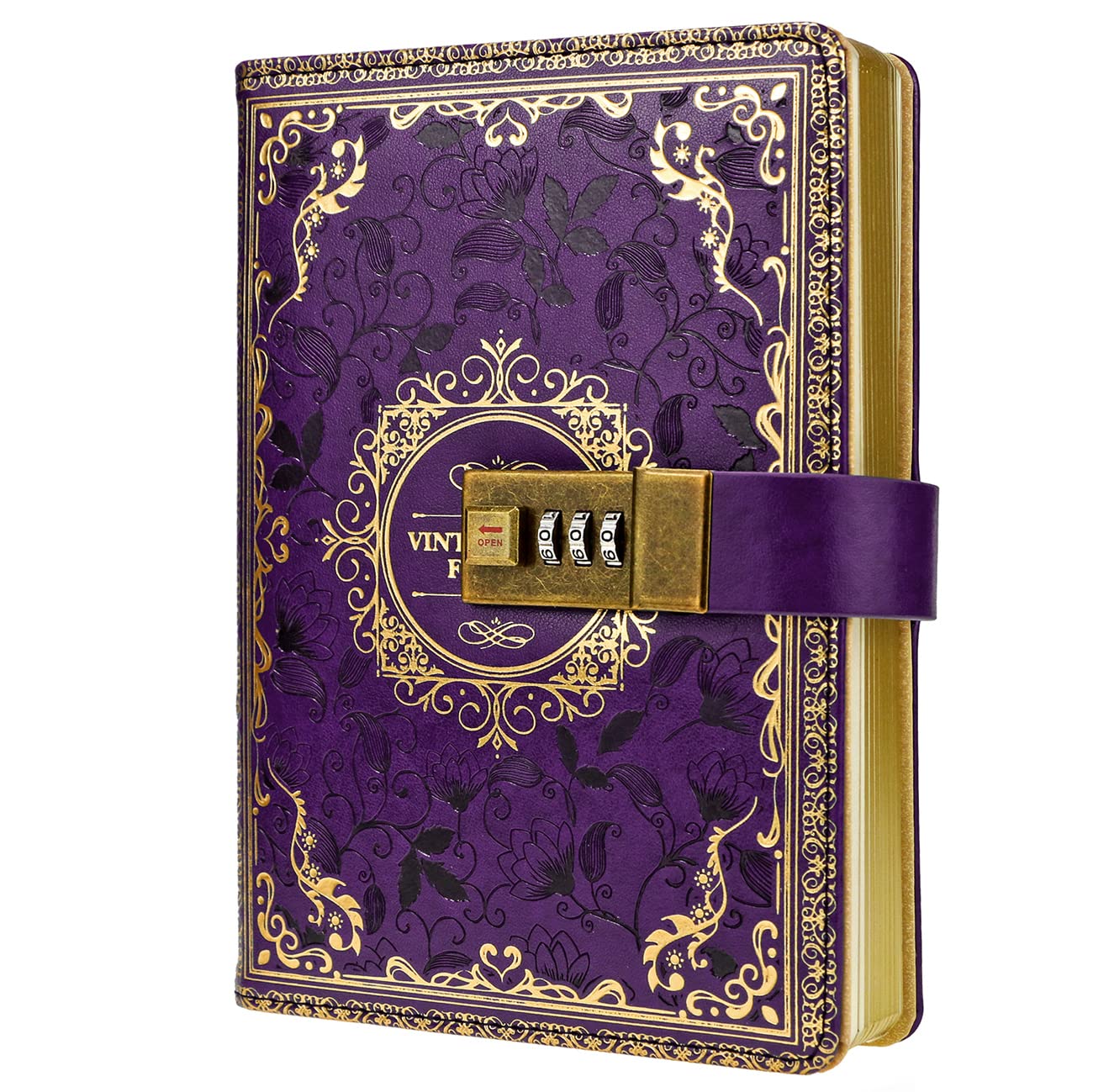 Mazeran Combination Lock Journal, Vintage Elegant Leather Hard Cover Floral Embossed Notebook Diary, 256 Pages Lined Golden Gilded Password Locking Personal Planner, Gift for Women Girls
