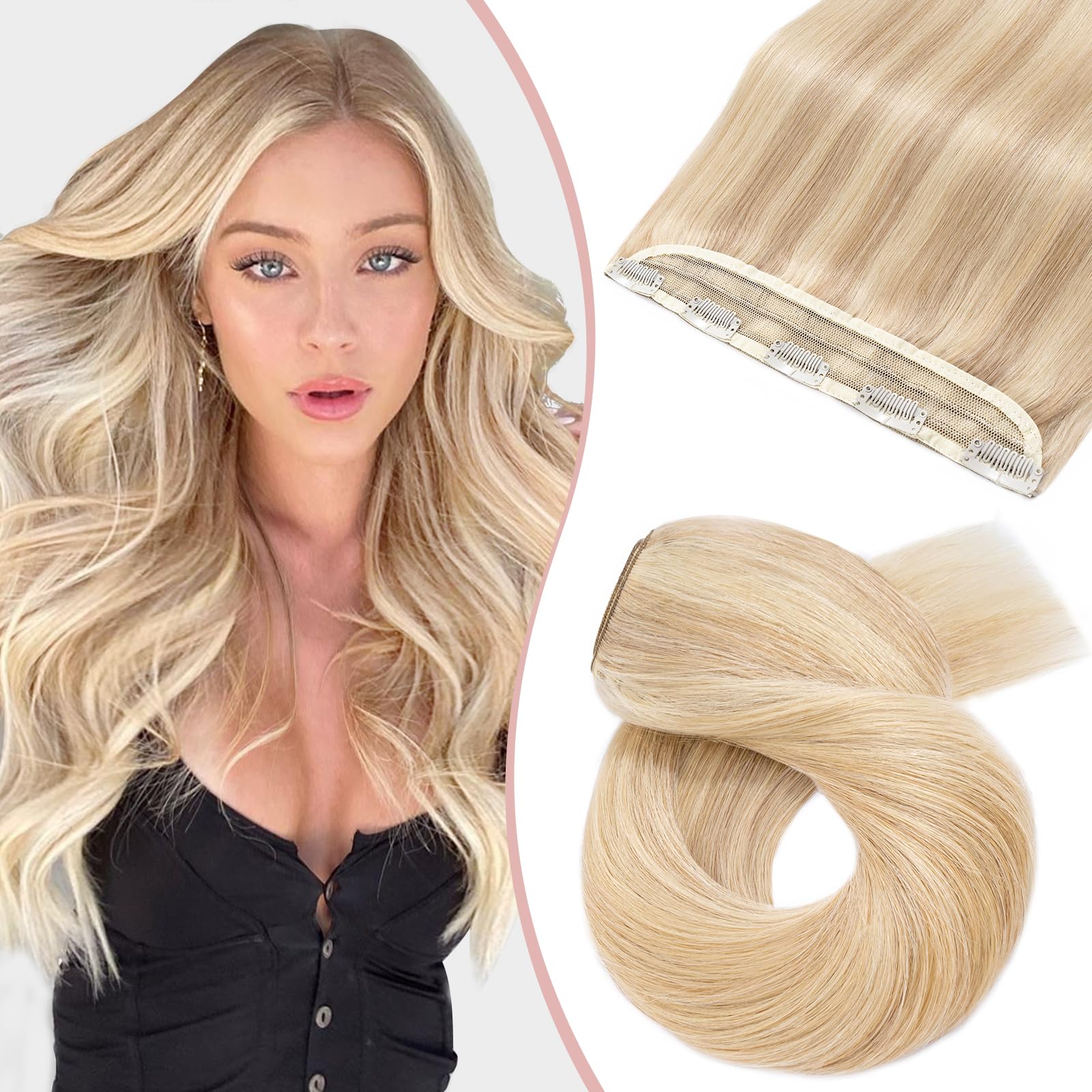Silk-co Clip in Human Hair Extensions Real Remy Hair Extension One Piece 3/4 Half Head Natural 100% Remy Silky Soft Straight(#18P613 Ash Blonde&Bleach Blonde, 14"-45g)