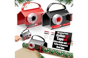 2 Pack Wrapping Paper Cutter & Tape Dispenser Dual Use, Gift Wrap Cutter Tool for Rolls Paper with 4 Tapes & 2 Replace Blades