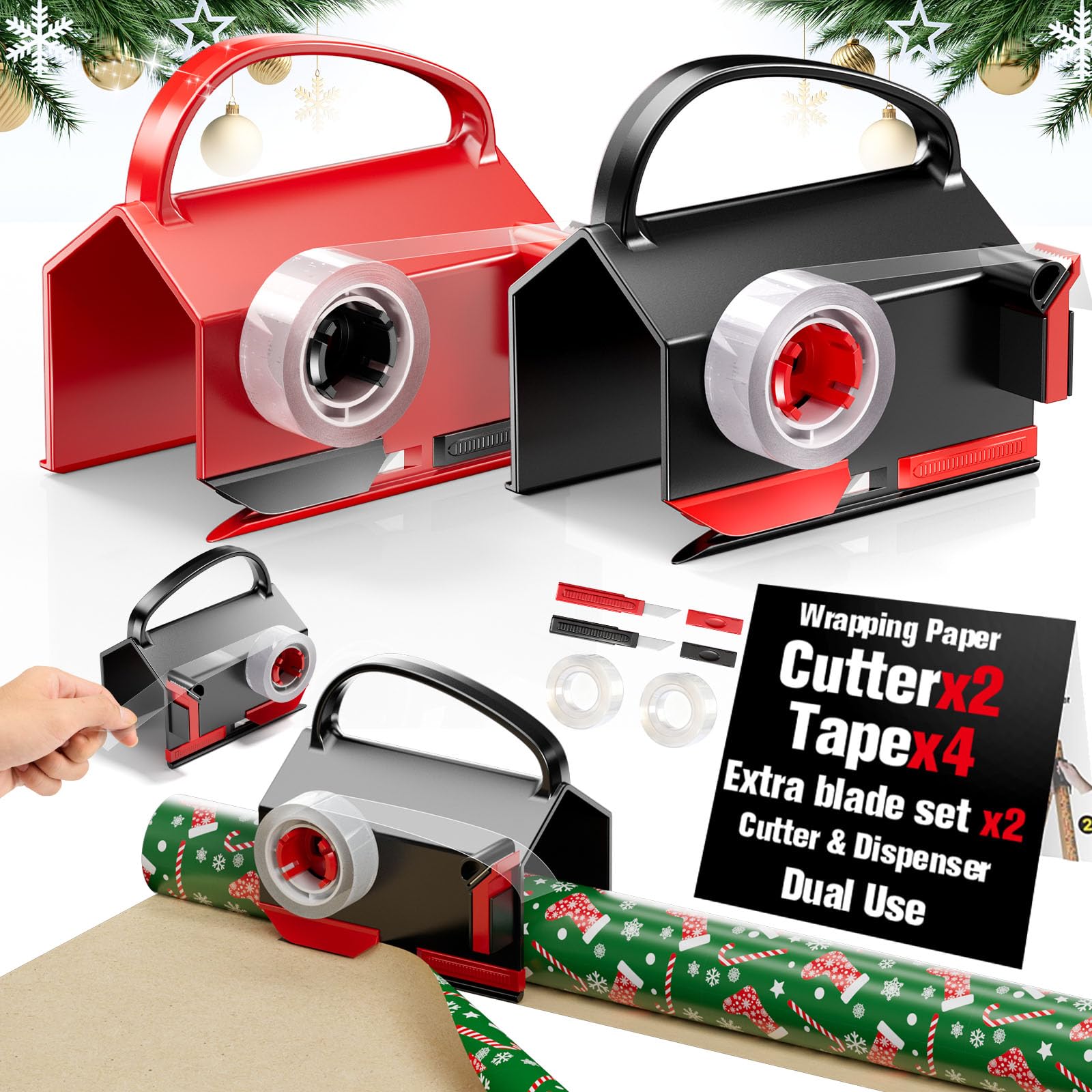 Photo 1 of 2 Pack Wrapping Paper Cutter & Tape Dispenser Dual Use, Gift Wrap Cutter Tool for Rolls Paper with 4 Tapes & 2 Replace Blades Kit for Christmas Birthday, Easy Cut for Present Wrapping