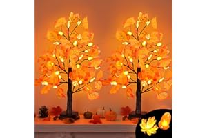 FLYSNK 2 Pack 24 Inch Artificial Lighted Maple Tree with 48 LEDs Timer Fall Thanksgiving Decorations Battery Operated Prelit Acorn Maple Tree Lights for Thanksgiving Table Decor Home Indoor Autumn Harvest