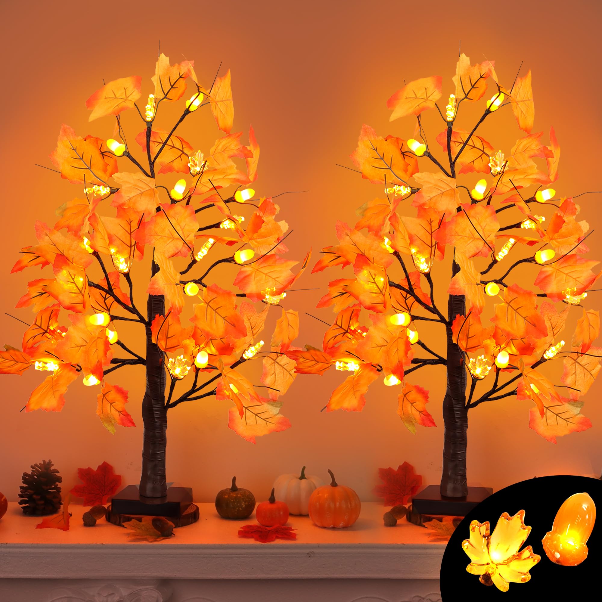 Photo 1 of 2 Pack 24 Inch Artificial Lighted Maple Tree with 48 LEDs Timer Fall Thanksgiving Decorations Battery Operated Prelit Acorn Maple Tree Lights for Thanksgiving Table Decor Home Indoor Autumn Harvest