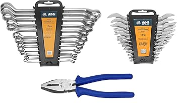 REALstf Multi Hand Tool Kit 25 Pc. - 12 pcs Set of Ring Spanners with Hanging Tray, 12 pcs Set of Double Open End (D.O.E) spanners with Hanging Tray, 1 Combination Cutting Plier 8