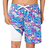 Haloumoning Boys Swim Trunks with Compression Liner Kids Drawstring Bathing Suit Quick Dry Swim Shorts 5-14 Years