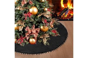 SevenFish Christmas Tree Skirt, Black Christmas Tree Skirt 48 inches Soft Double Layer Burlap Tree Skirt with Pom Pom for Rustic Christmas Halloween Decorations