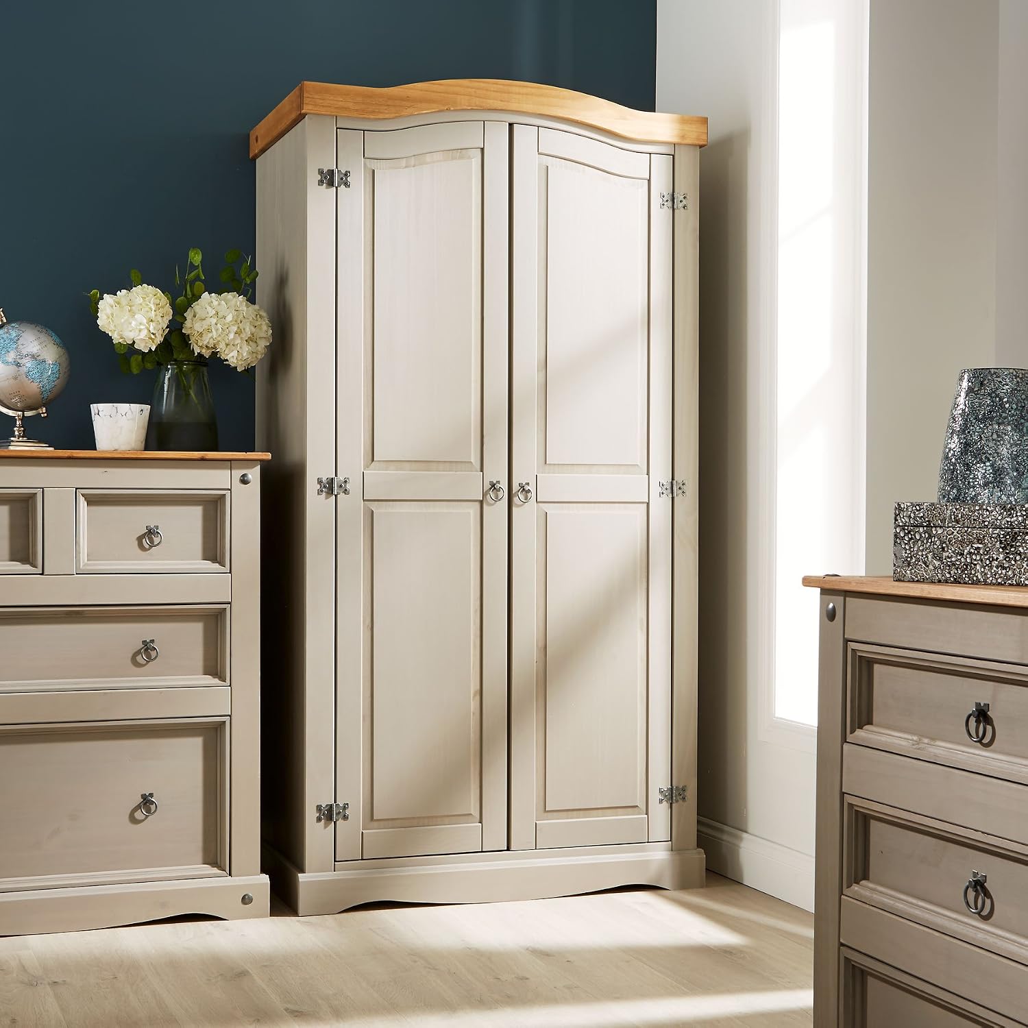 Home Source Solid Pine Wood, 2 Door Wardrobe, Space-saving Design with Hanging Rail and Shelf, Grey