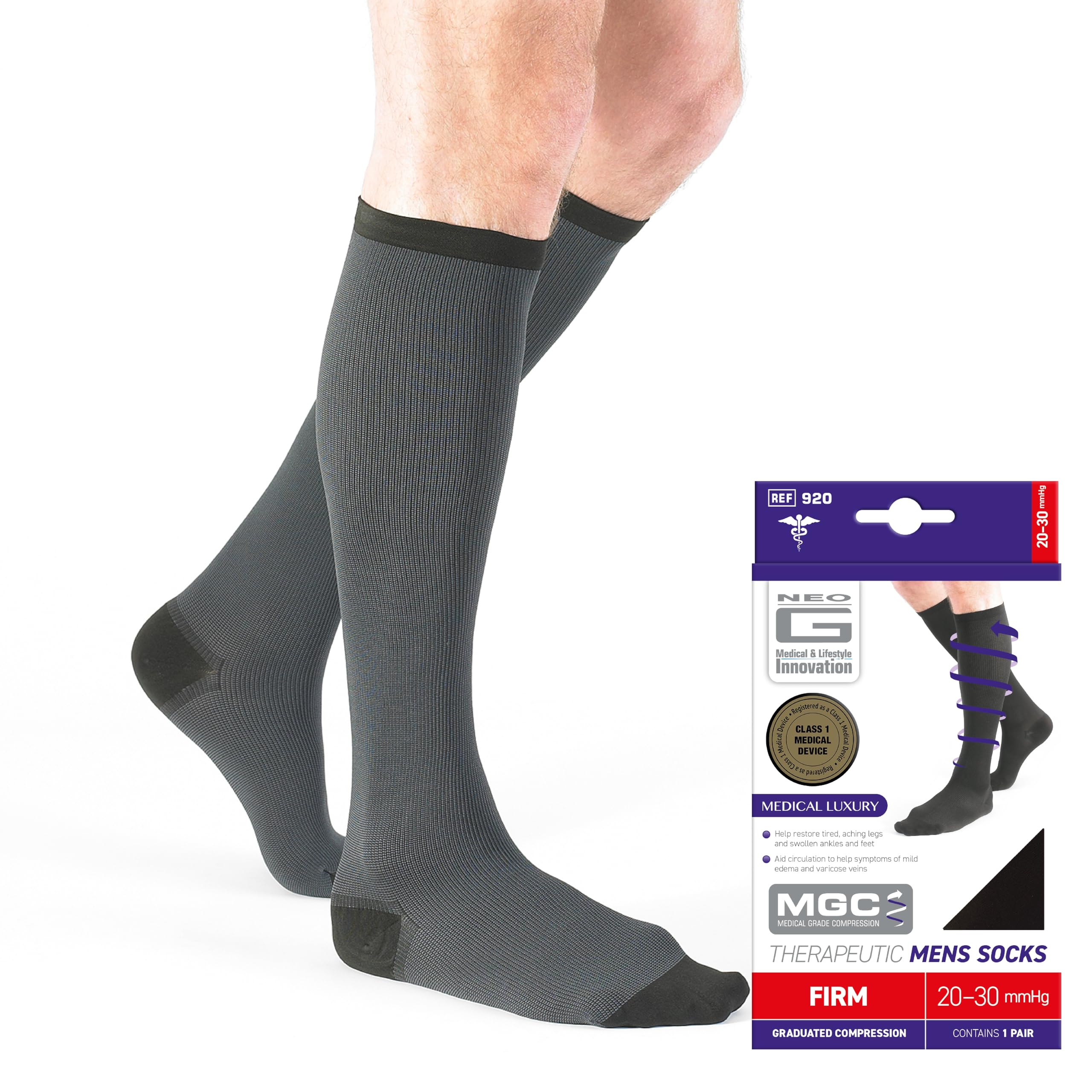 Neo G Therapeutic Compression Socks Men 20-30 mmhg knee high - for spider or varicose veins, swollen legs, feet, ankles, treating mild edema. Mens compression socks for swelling - Grey - XXL