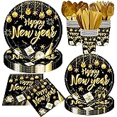 140Pcs Happy New Year Party Supplies Tableware Set New Year's Party Decorations Black Gold Plates and Napkins Christmas and New Year's Eve Party Paper Plates, Serves 20 Guests