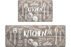 HEBE Anti Fatigue Kitchen Rug Set of 2 Non Slip Cushioned Kitchen Mats for Floor Waterproof Comfort Kitchen Rugs and Mats Farmhouse Chef Mats Floor Carpet for Sink,Laundry Room,Brown