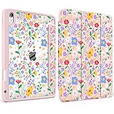 MEEgoodo Case for iPad A16 11th Generation 11 inch 2025/10th Gen 10.9 in 2022,Cover with Transparent Acrylic Back Shell,Tablet Case with Pencil Holder+Auto Wake/Sleep+Trifold Stand, Flat Spring Floral