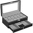 SONGMICS 12-Slot Watch Box, Watch Organizer, Lockable Jewelry Display Case with Real Glass Top, Black Synthetic Leather, Gray